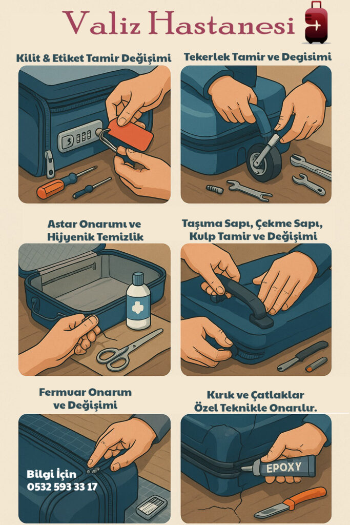 Valiz Hastanesi olarak kırılan, yıpranan veya fonksiyonunu kaybeden tüm valiz ve seyahat çantalarınız için profesyonel tamir ve yenileme hizmetleri sunuyoruz. Aşağıda yer alan hizmet detaylarımız, hem görsel destekli hem de işlevsel açıklamalarla sunulmuştur.